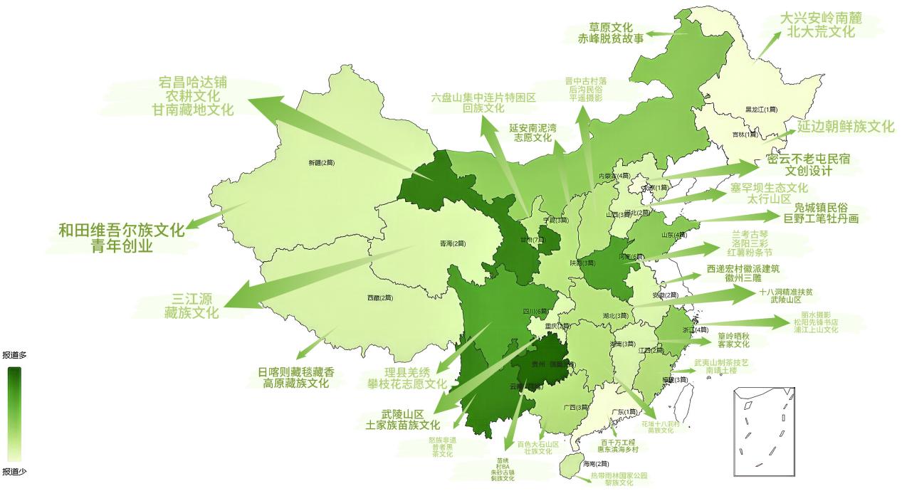文化振兴报道倾向选择文化资源独特、产业转化成效显著的地区作为叙事样本，文化资源呈现西部富集、中部活跃、东部示范的格局
